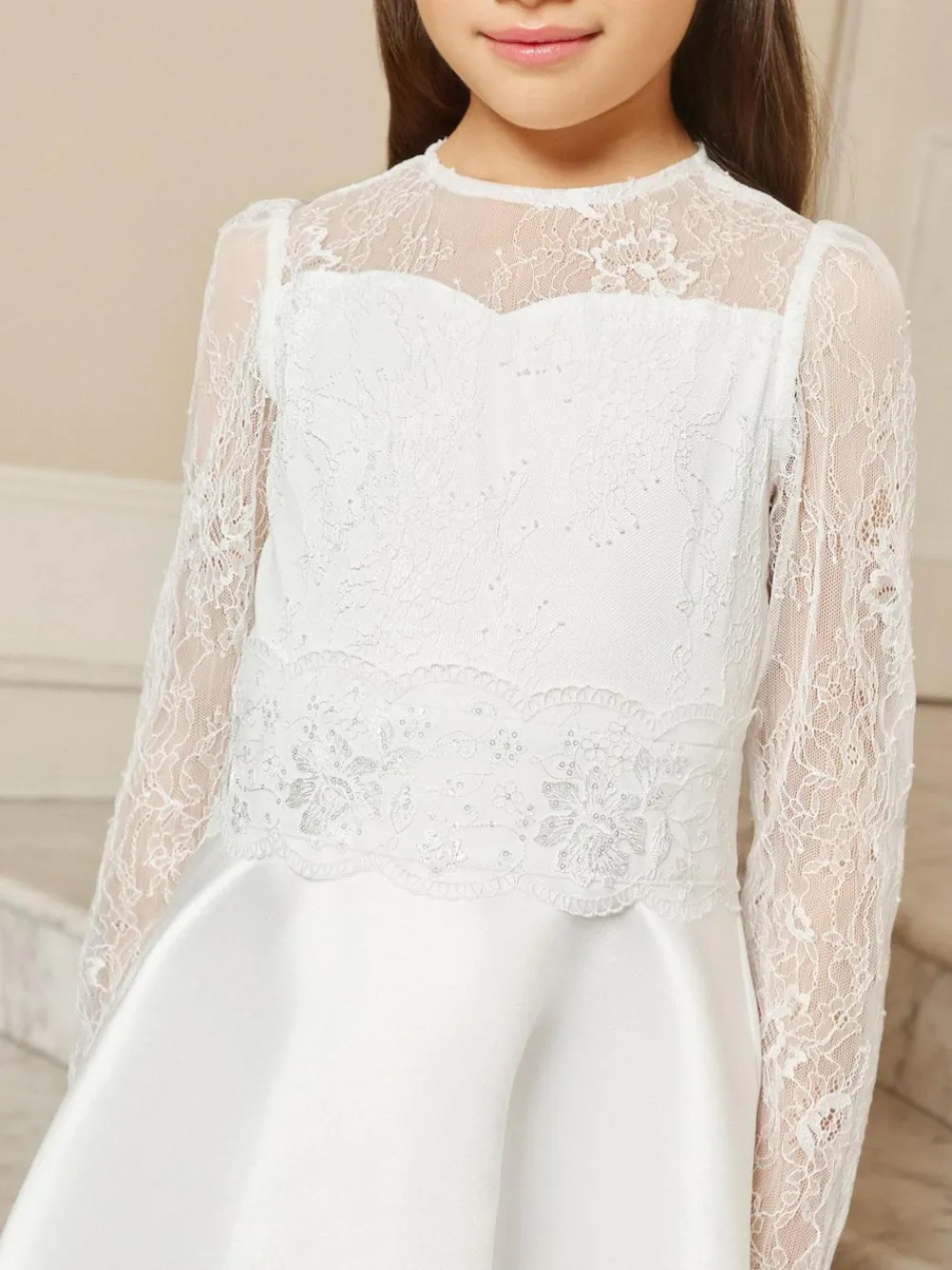 Lipsy White Holy Communion Long Sleeve Lace Satin Occasion Dress (7-11yrs)^ Occasionwear|Dresses