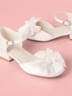 New Lipsy Standard Fit (F) Low Block Heel Pearl Bow Occasion Flower Heeled Sandals White