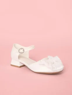 New Lipsy Standard Fit (F) Low Block Heel Pearl Bow Occasion Flower Heeled Sandals White