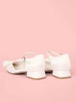 New Lipsy Standard Fit (F) Low Block Heel Pearl Bow Occasion Flower Heeled Sandals White