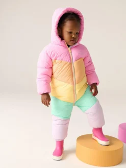 Little Bird by Jools Oliver Pink Pastel Rainbow Colourblock Shower Resistant Snowsuit^ Coats, Jackets & Pramsuits|Coats, Jackets & Pramsuits