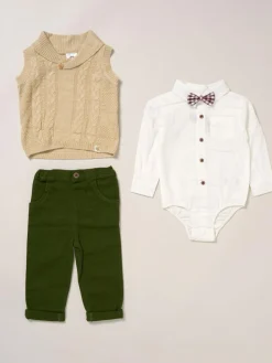 Hot Little Gent True Knit Vest, Bodysuit, Trousers and Bow Tie Brown Set