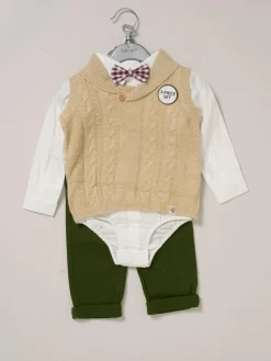 Hot Little Gent True Knit Vest, Bodysuit, Trousers and Bow Tie Brown Set