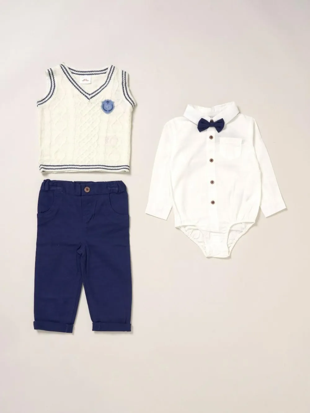 Hot Little Gent True Knit Vest, Bodysuit, Trousers and Bow Tie White Set