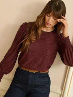 Discount Love & Roses Textured Long Sleeve Top Berry Red
