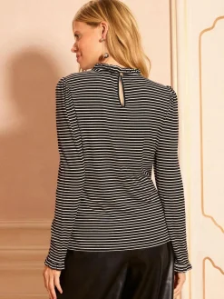 Love & Roses Black and White stripe Frill Neck Long Sleeve Jersey Top