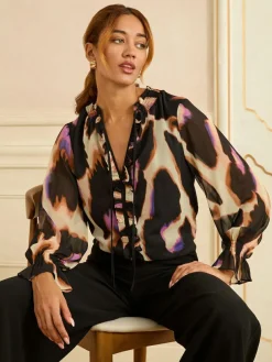 Outlet Love & Roses Black Animal Notch Neck Long Sleeve Blouse