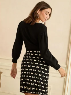 Love & Roses Black Bow Print V-Neck Knitted Mini Dress^Women Dresses