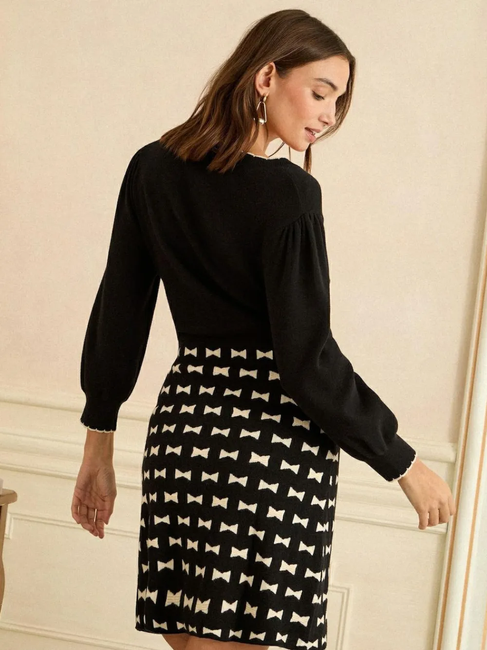 Love & Roses Black Bow Print V-Neck Knitted Mini Dress^Women Dresses