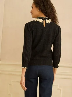 Discount Love & Roses 3D Flower Trim Pointelle Jumper Black