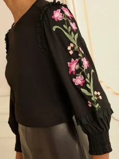 Love & Roses Black Embroidered Detail Jersey Top^Women Blouses & Shirts