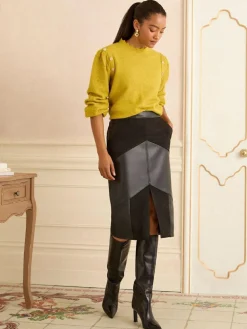 Love & Roses Black Faux Suede and Faux Leather Mix Midi Skirt