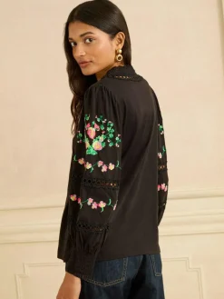 Love & Roses Black Floral Embrodiery Lace Insert V-Neck Long Sleeve Top^Women Tops & T-Shirts