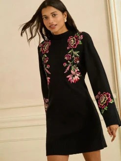 Love & Roses Black Floral Embroidery Cosy Jumper Dress^Women Dresses