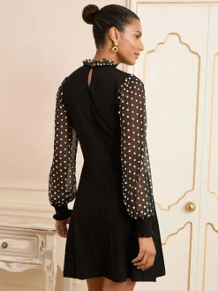 Clearance Love & Roses Black Floral Spot Frill Neck Petite Chiffon Sleeve Knitted Mini Dress