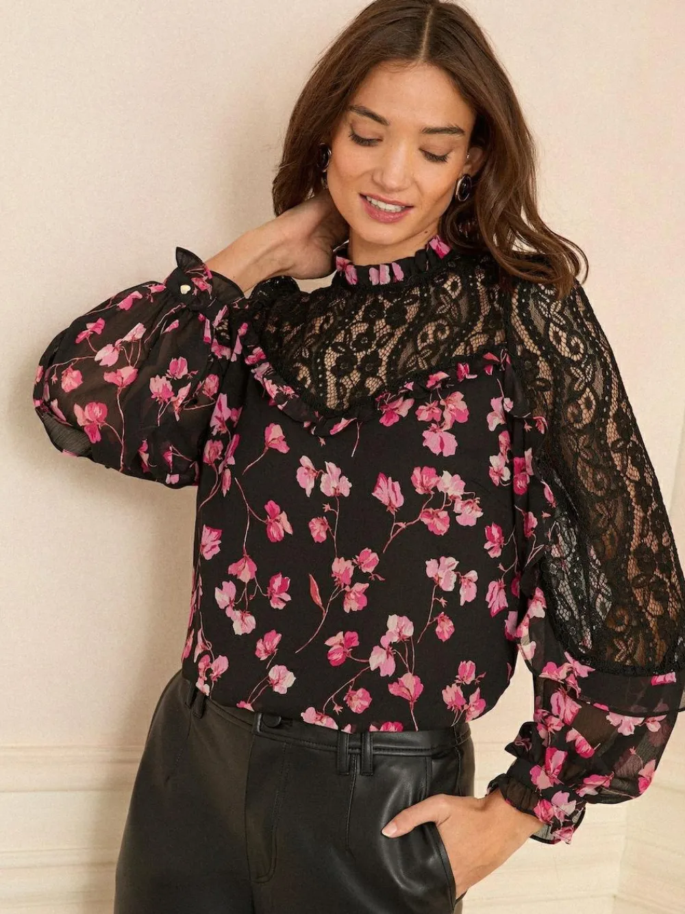 Love & Roses Crew Neck Lace Yoke Long Sleeve Blouse^Women Tops & T-Shirts|Blouses & Shirts