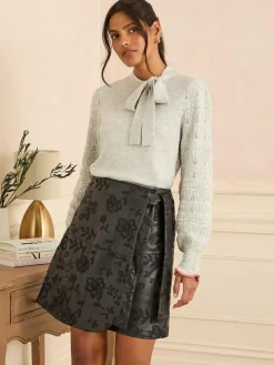 Hot Love & Roses Faux Leather Wrap Mini Skirt Black Floral Embroidered