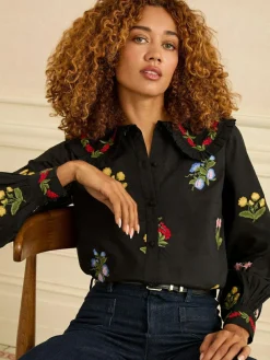 Love & Roses Black Floral Embroidered Collar Blouse^Women Tops & T-Shirts|Blouses & Shirts