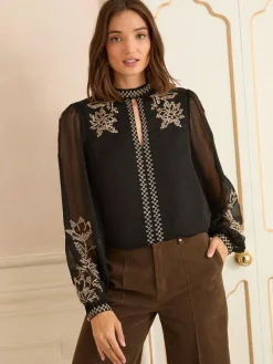 Love & Roses Black Gold Embroidery Long Sleeve High Neck Blouse^Women Tops & T-Shirts|Blouses & Shirts