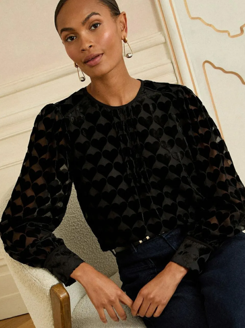 Clearance Love & Roses Crew Neck Long Sleeve Burnout Blouse Black Heart