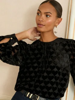 Clearance Love & Roses Crew Neck Long Sleeve Burnout Blouse Black Heart