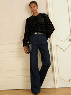 Clearance Love & Roses Crew Neck Long Sleeve Burnout Blouse Black Heart