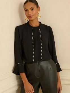 New Love & Roses Hardware Detail Flute Sleeve Blouse Black Heart