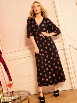 Love & Roses Black Heart Metallic V-Neck Puff Sleeve Midi Dress^Women Midi Dresses|Occasion Dresses