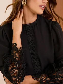 New Love & Roses Long Sleeve Lace Cuff Blouse Black