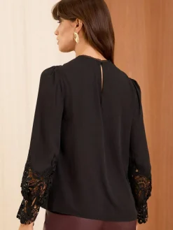 New Love & Roses Long Sleeve Lace Cuff Blouse Black