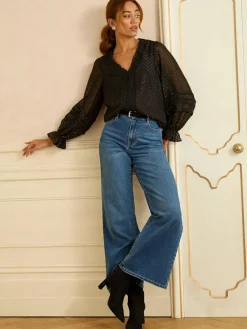 Best Love & Roses Black Long Sleeve Metallic Dobby Velvet Blouse