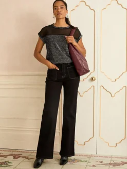 Love & Roses Black Metallic Satin Front V-Neck Short Sleeve Top