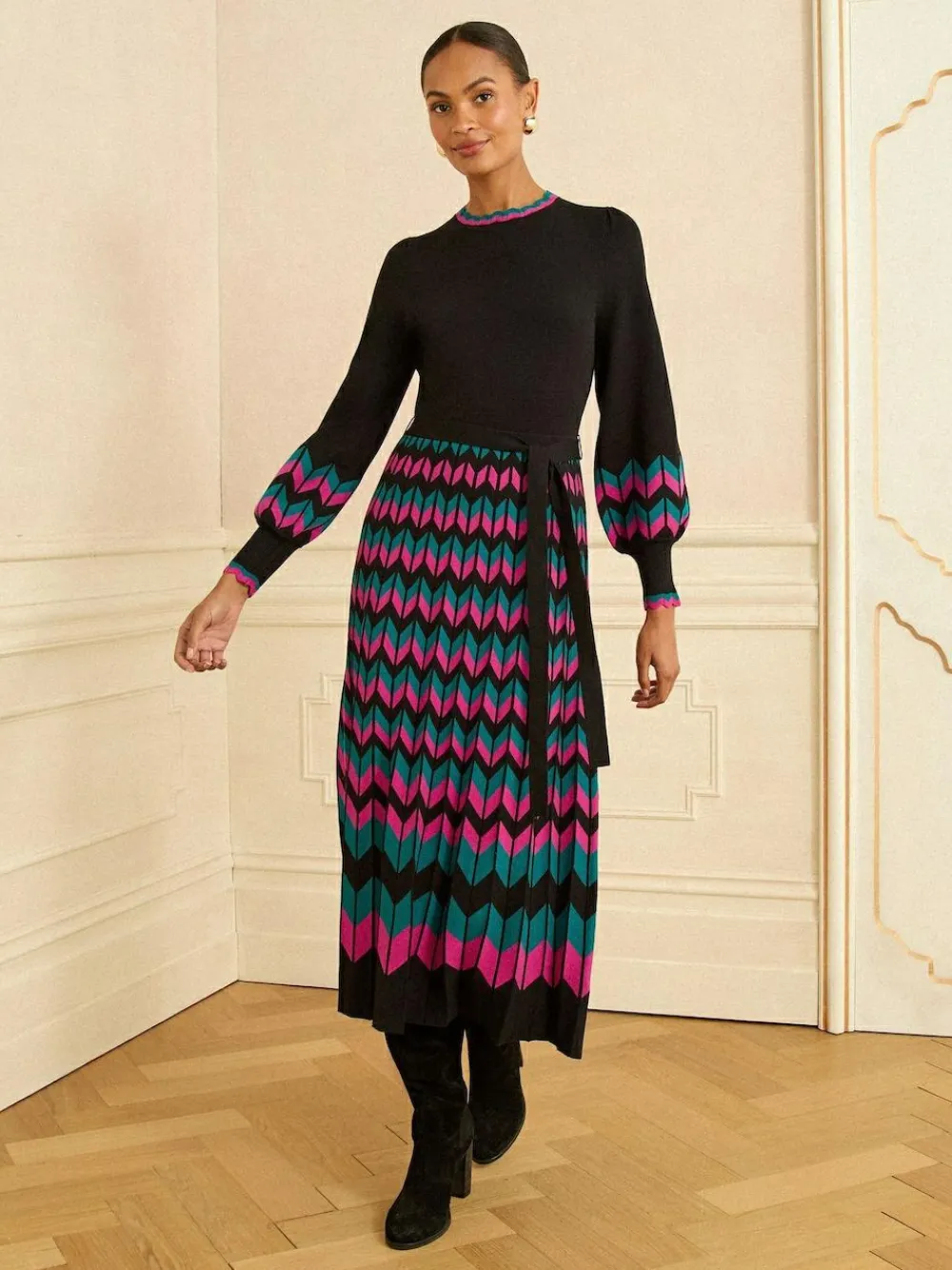 Love & Roses Black Multi Chevron Scallop Knitted Midi Dress^Women Midi Dresses|Knitwear