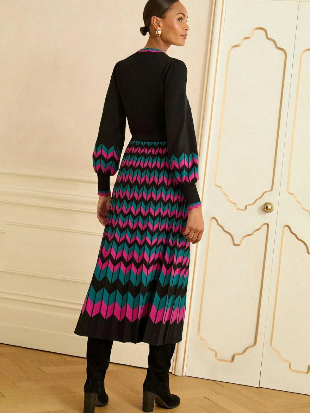 Love & Roses Black Multi Chevron Scallop Knitted Midi Dress^Women Midi Dresses|Knitwear