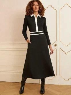 Love & Roses Ponte Contrast Trim Zip Front Long Sleeve Midi Dress Black