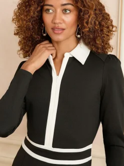 Love & Roses Ponte Contrast Trim Zip Front Long Sleeve Midi Dress Black