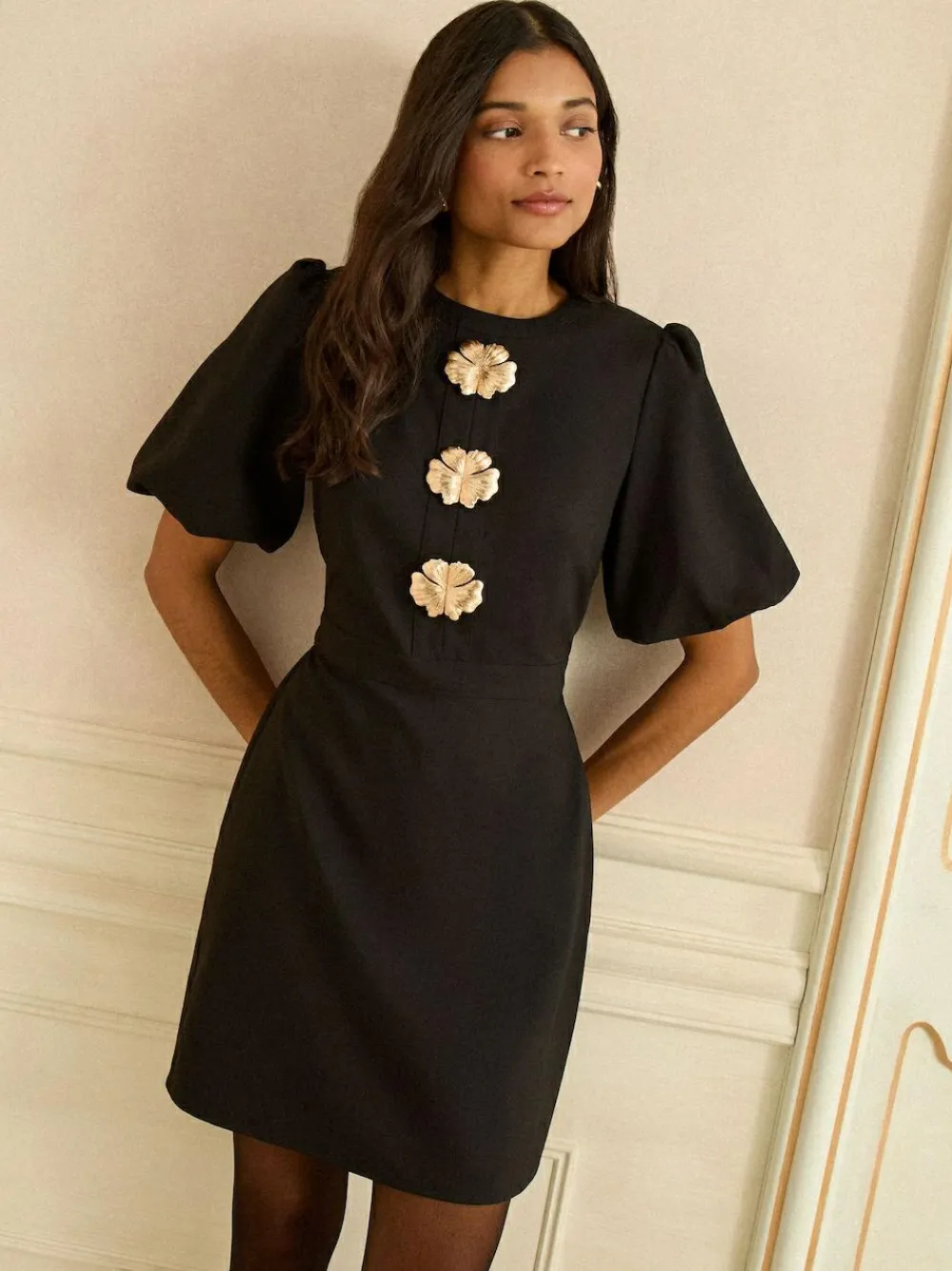 Love & Roses Black Puff Sleeve Gold Button Mini Dress^Women Occasion Dresses|Occasionwear