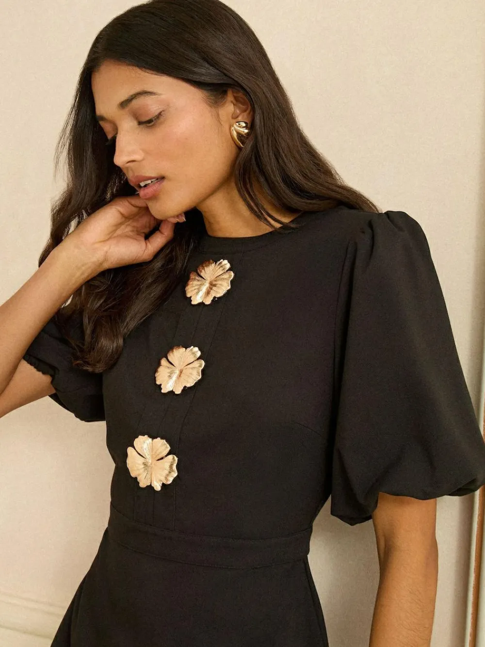 Love & Roses Black Puff Sleeve Gold Button Mini Dress^Women Occasion Dresses|Occasionwear