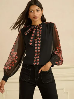 Love & Roses Black Red Heart Long Sleeve Pussybow Blouse^Women Blouses & Shirts