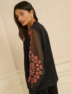 Love & Roses Black Red Heart Long Sleeve Pussybow Blouse^Women Blouses & Shirts