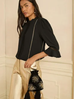 Best Love & Roses Velvet Sequin Embellished Pouch Bag Black