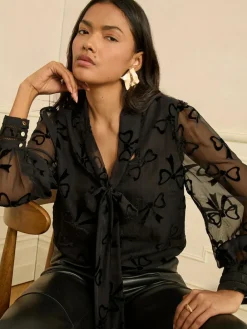 Love & Roses Black Velvet Bow Long Sleeve Pussybow Blouse^Women Blouses & Shirts