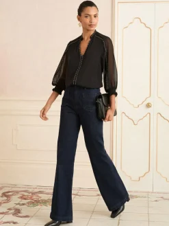 Discount Love & Roses V-Neck Hardware 3/4 Sleeve Blouse Black