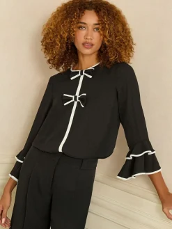 New Love & Roses Crew Neck Pleated Flute Sleeve Blouse Black White Bow
