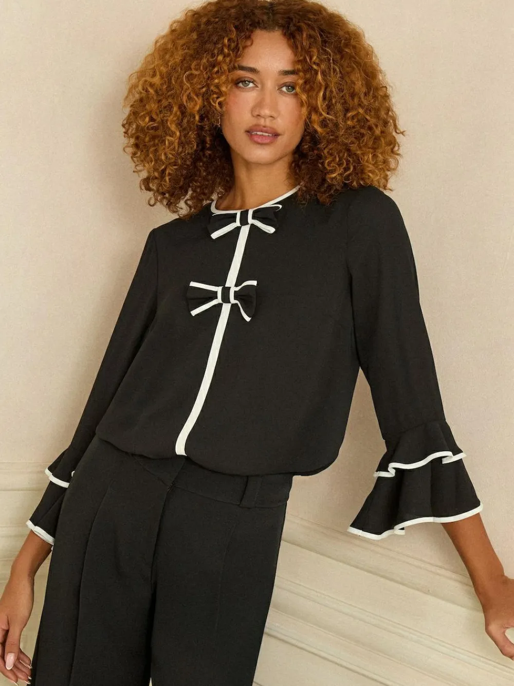 New Love & Roses Crew Neck Pleated Flute Sleeve Blouse Black White Bow