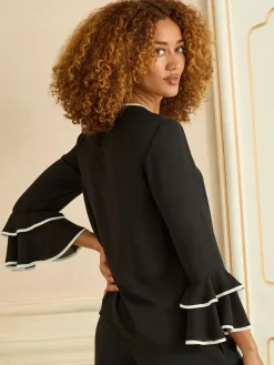 New Love & Roses Crew Neck Pleated Flute Sleeve Blouse Black White Bow