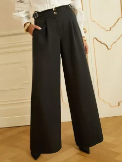 New Love & Roses Black Wide Leg Buckle Detail Trousers