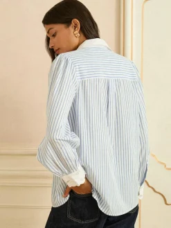 Love & Roses Blue White Stripe Lace Collar Button Through Long Sleeve Shirt^Women Blouses & Shirts