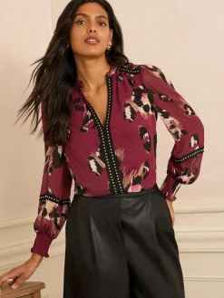 Love & Roses Print Notch Neck Hardware Blouse^Women Blouses & Shirts