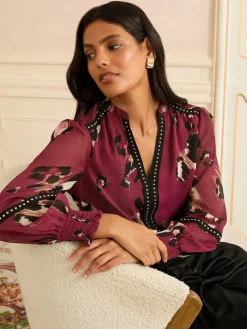 Love & Roses Print Notch Neck Hardware Blouse^Women Blouses & Shirts